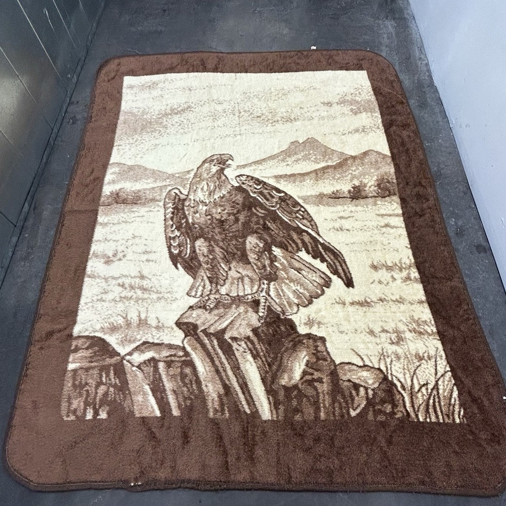 Vintage San Marcos Blanket Bald Eagle Perched Reversible Brown W:71 L:91